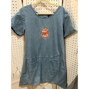 CB Casual Denim Dress Embroidered Floral Short Sleeve A-Line Size L